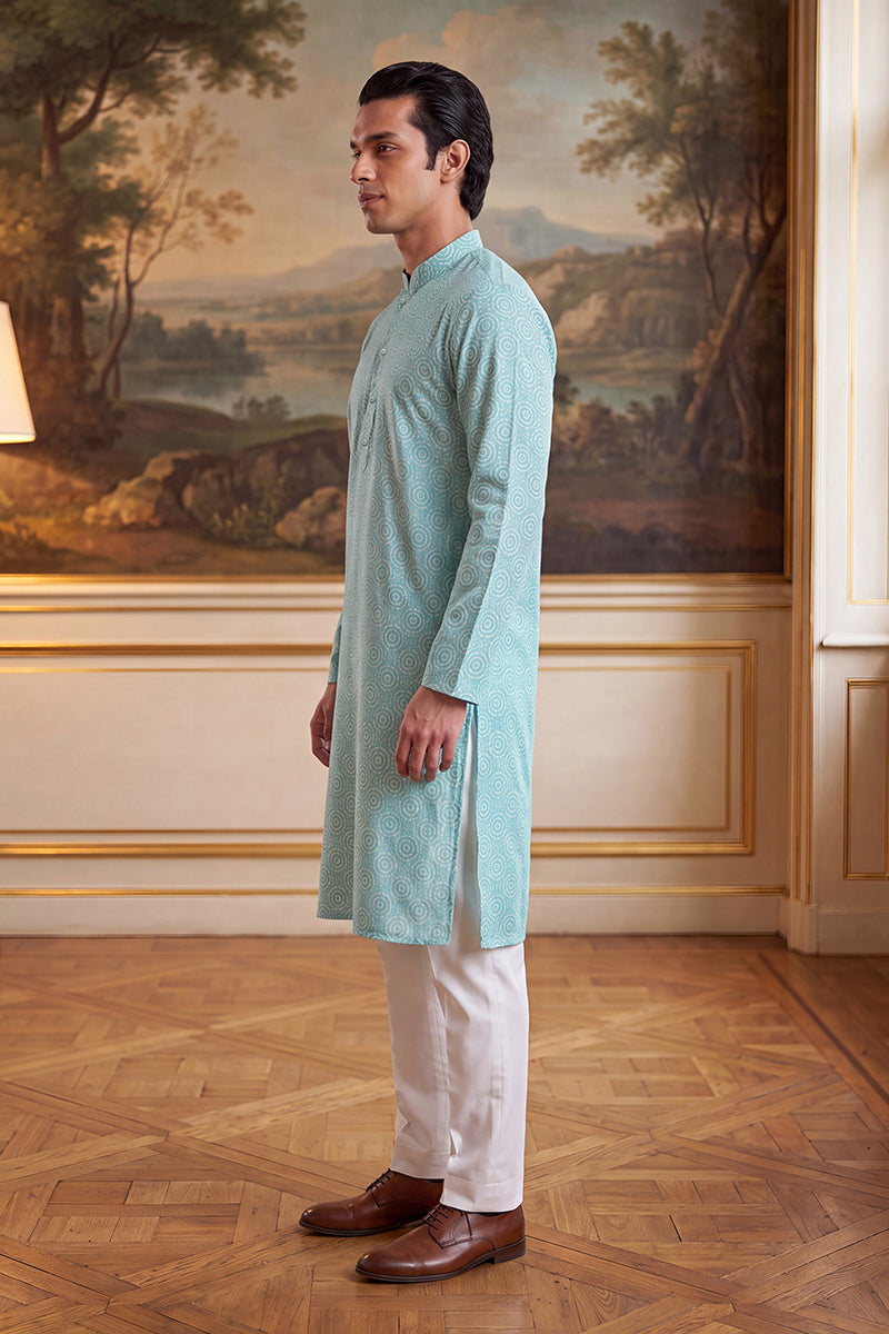 Mens Blue Linen Bandhani Printed Regular Kurta With Trouser  | SHOBITAM