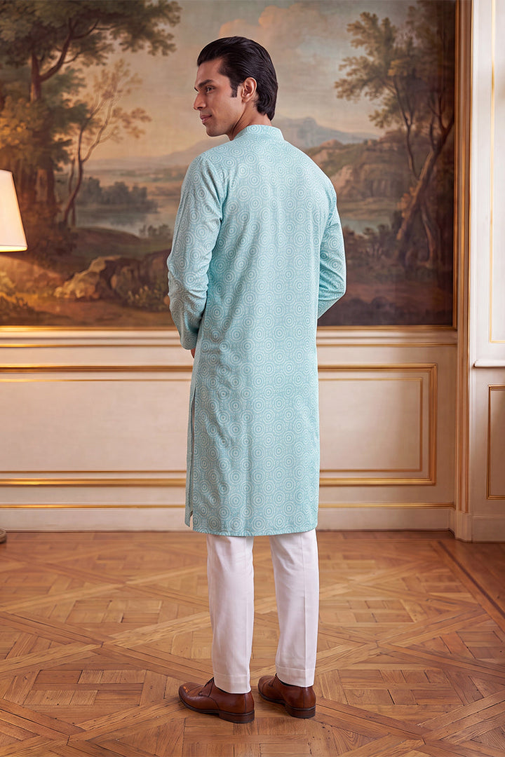 Mens Blue Linen Bandhani Printed Regular Kurta With Trouser  | SHOBITAM