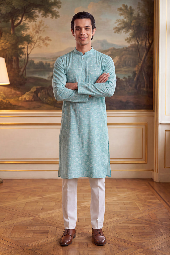Mens Blue Linen Bandhani Printed Regular Kurta With Trouser  | SHOBITAM