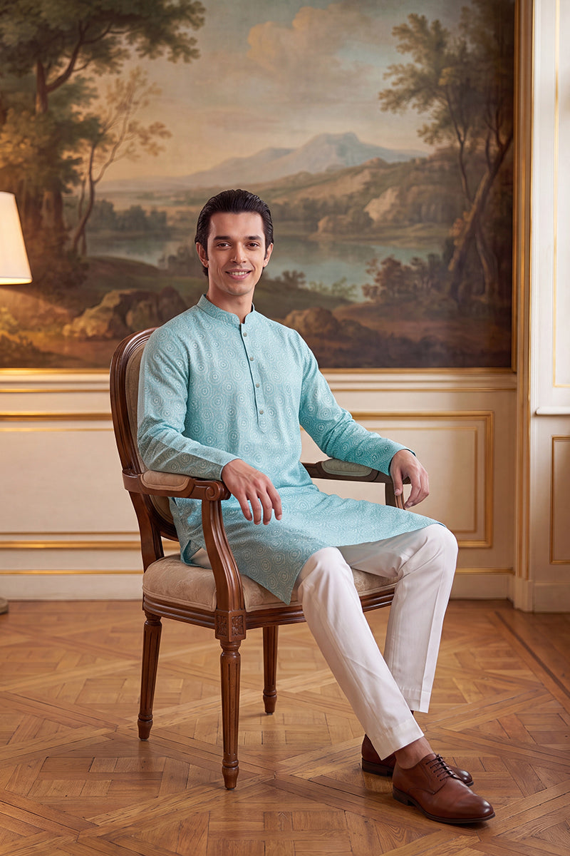 Mens Blue Linen Bandhani Printed Regular Kurta With Trouser  | SHOBITAM