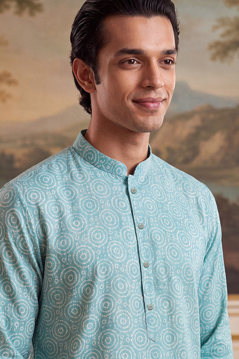 Mens Blue Linen Bandhani Printed Regular Kurta With Trouser  | SHOBITAM