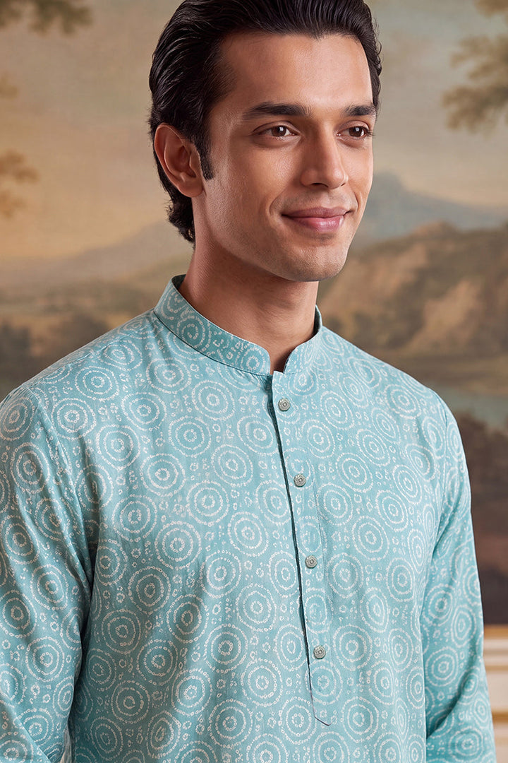 Mens Blue Linen Bandhani Printed Regular Kurta With Trouser  | SHOBITAM