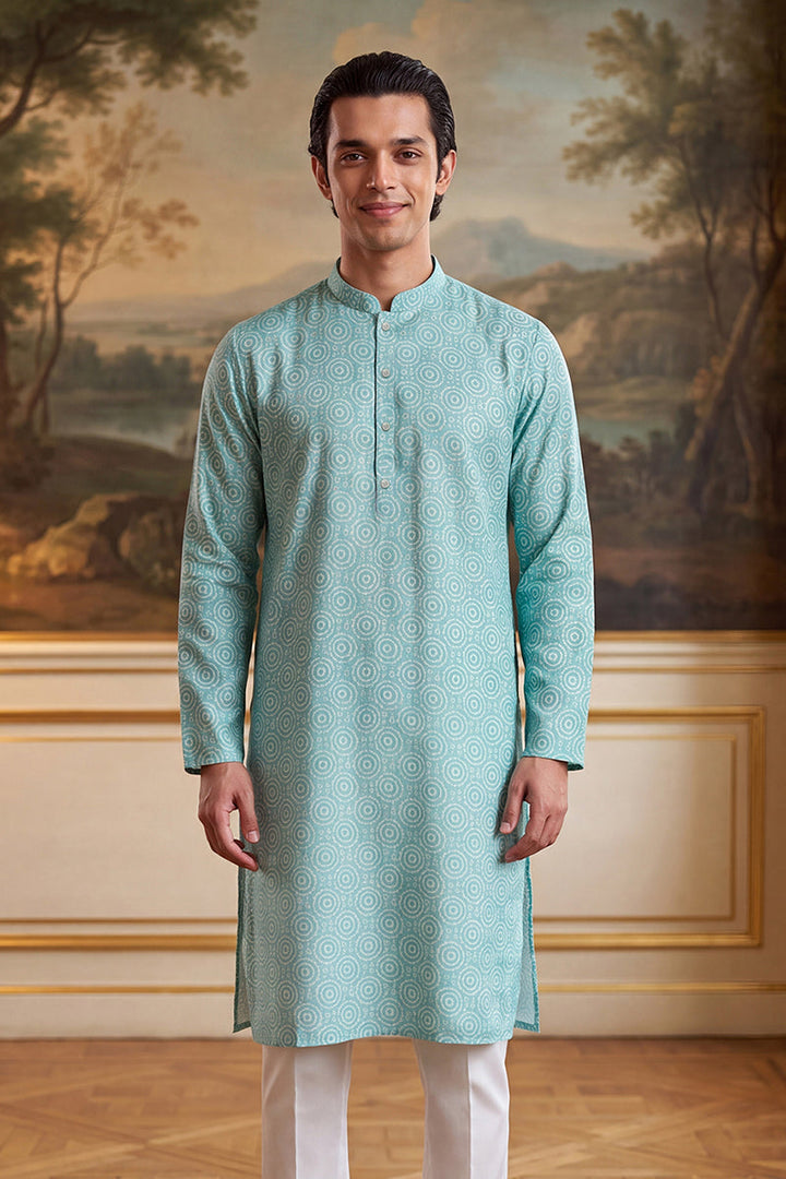 Mens Blue Linen Bandhani Printed Regular Kurta With Trouser  | SHOBITAM