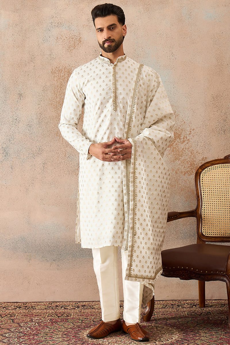 Men White Jacquard Woven Design Floral Straight Kurta Sets | SHOBITAM