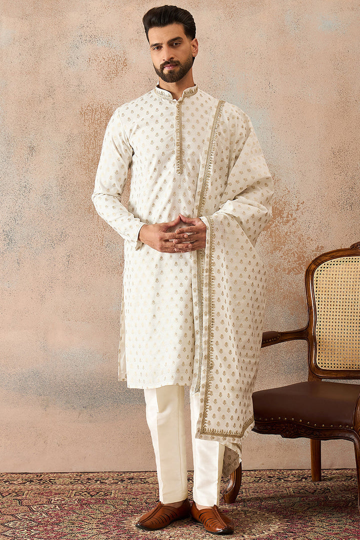 Men White Jacquard Woven Design Floral Straight Kurta Sets | SHOBITAM
