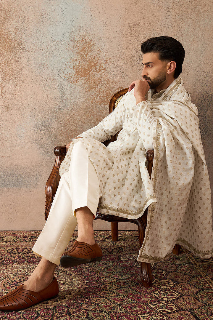 Men White Jacquard Woven Design Floral Straight Kurta Sets | SHOBITAM
