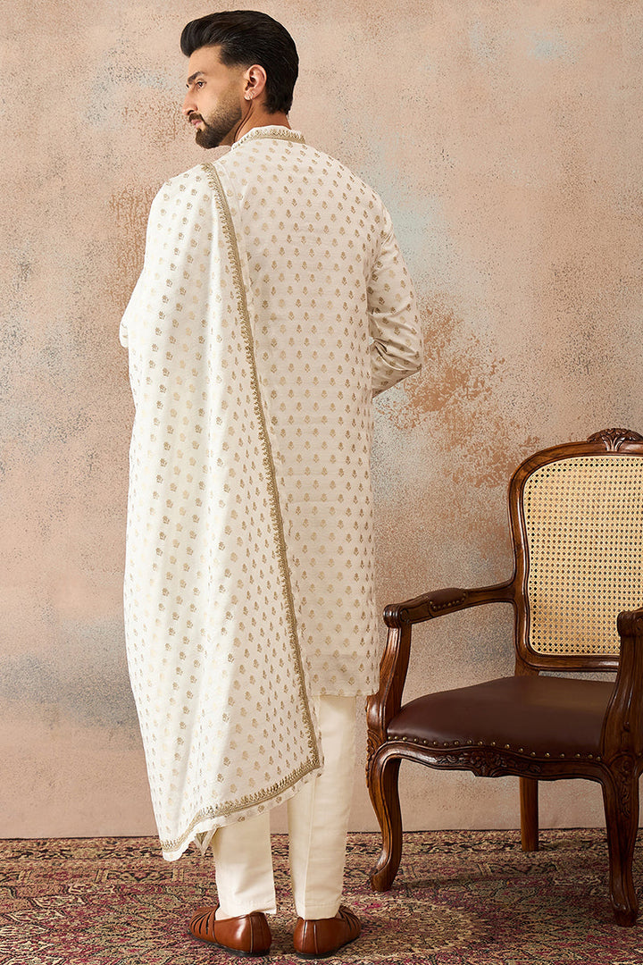Men White Jacquard Woven Design Floral Straight Kurta Sets | SHOBITAM