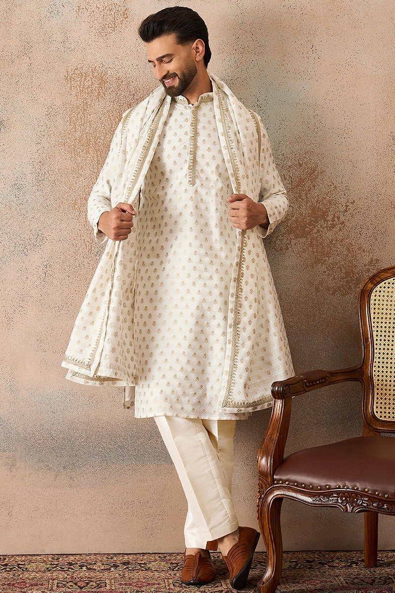 Men White Jacquard Woven Design Floral Straight Kurta Sets | SHOBITAM