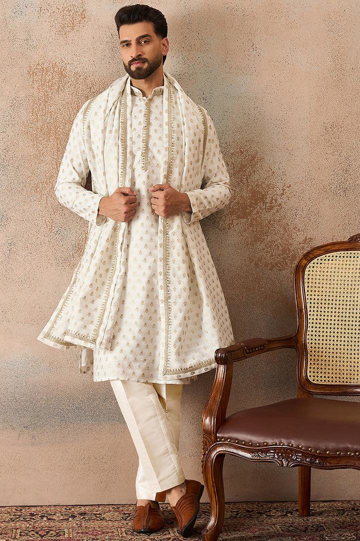Men White Jacquard Woven Design Floral Straight Kurta Sets | SHOBITAM