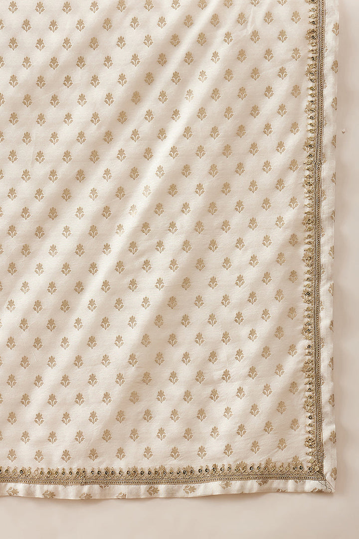 Men White Jacquard Woven Design Floral Straight Kurta Sets | SHOBITAM