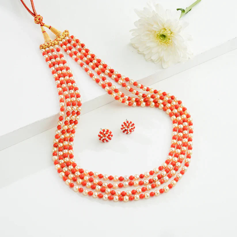 Natural Coral And 5.0-6.0mm Golden Saltwater Akoya Pearls Necklace Set-AAA Quality | SHOBITAM