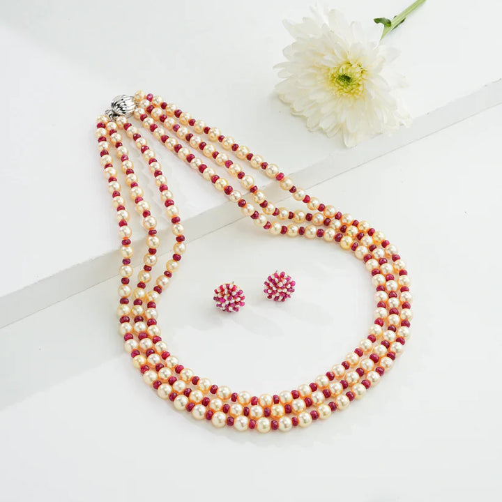 Natural Ruby And 6.0-7.0mm Golden Saltwater Akoya Pearls Necklace Set - A Quality | SHOBITAM