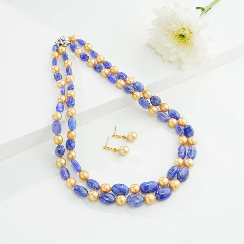 Natural Tanzanite Beads and 8.0-9.0mm Golden South Sea Pearls Necklace Set - A Quality | SHOBITAM