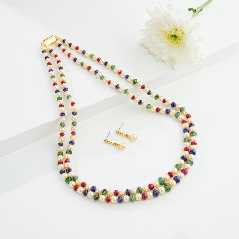 Natural Ruby & Emerald Beads and 6.0-7.0mm Golden Akoya Saltwater Pearls Necklace Set - A Quality | SHOBITAM