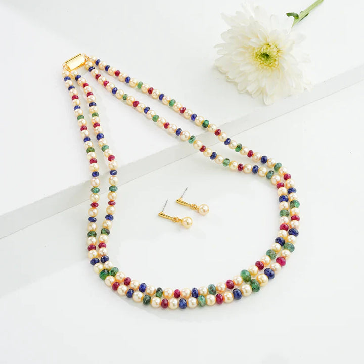 Natural Ruby & Emerald Beads and 6.0-7.0mm Golden Akoya Saltwater Pearls Necklace Set - A Quality | SHOBITAM