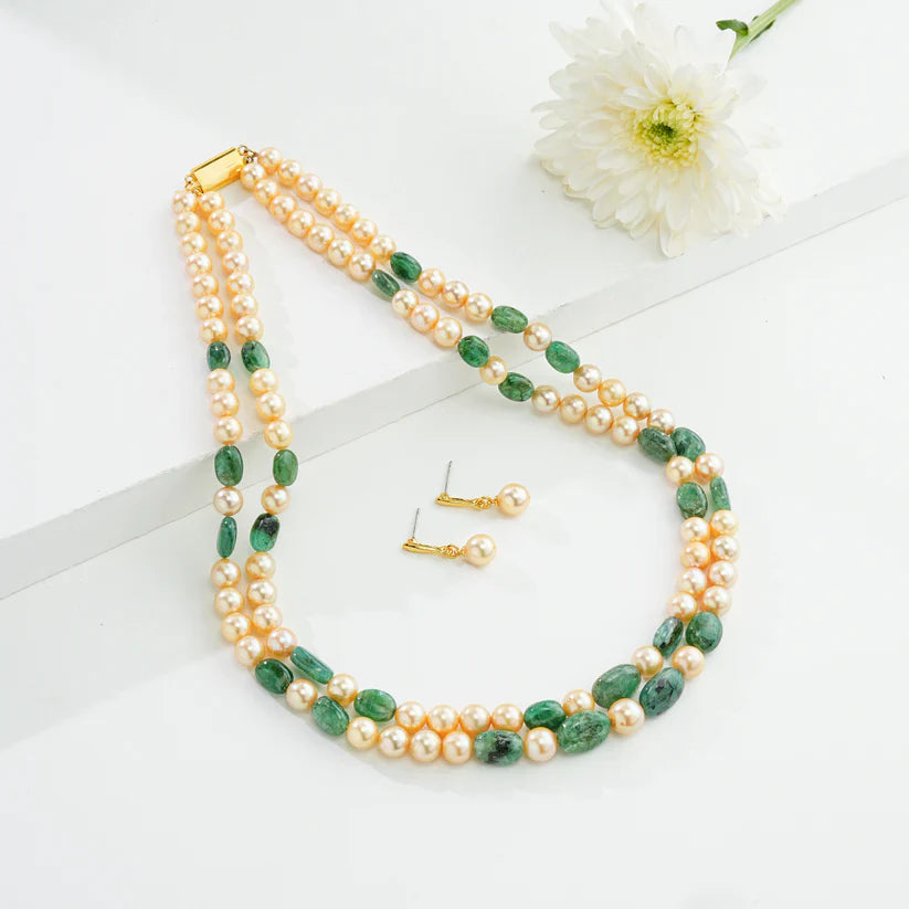 Natural Emerald Beads and 7.0-8.0mm Golden Saltwater Akoya Pearls Necklace Set - A Quality | SHOBITAM