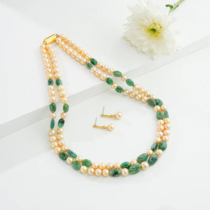 Natural Emerald Beads and 7.0-8.0mm Golden Saltwater Akoya Pearls Necklace Set - A Quality | SHOBITAM