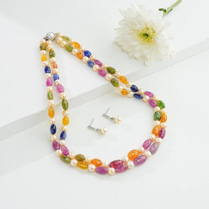Natural Navaratan Beads and 7.0-8.0mm Cream South Sea Pearls Necklace Set - A Quality | SHOBITAM