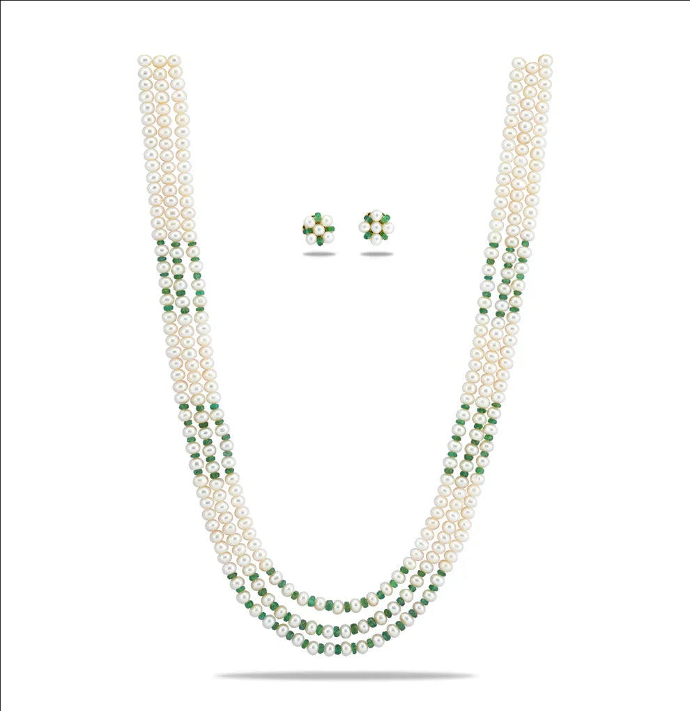 Natural Emerald And 5.0-6.0mm Button Freshwater Pearl Necklace Set - AA Quality