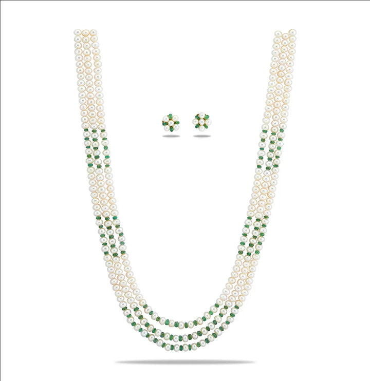 Natural Emerald And 5.0-6.0mm Button Freshwater Pearl Necklace Set - AA Quality