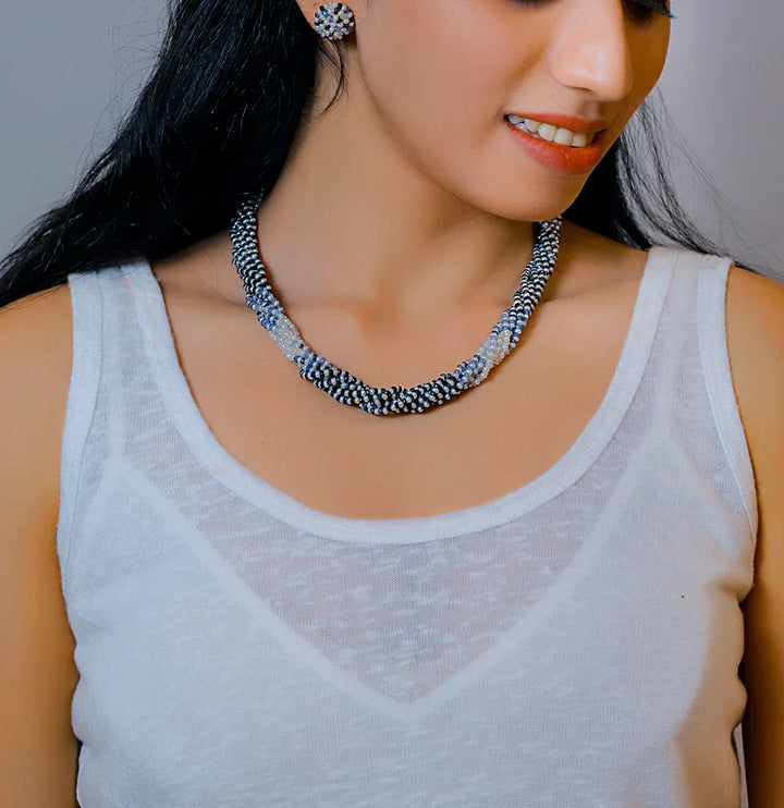 Natural Shaded Blue Sapphire and 1.0-2.0mm Seed Freshwater Pearls Necklace Set - AAA Quality | SHOBITAM