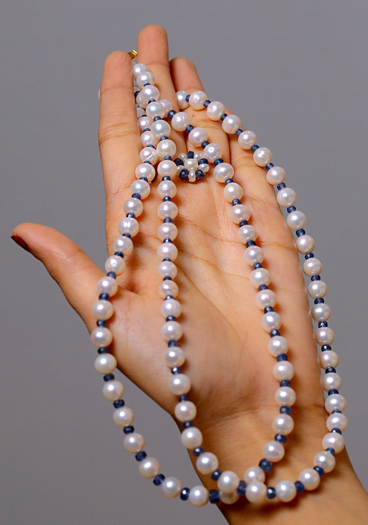2 Strand Pearls And Real Sapphire Necklace and earrings Set