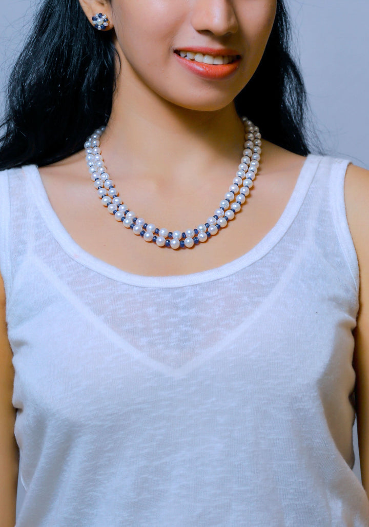 2 Strand Pearls And Real Sapphire Necklace and earrings Set