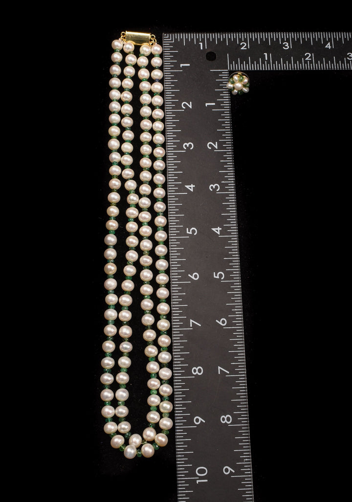 2 Strand Real Pearls And Real Emerald Necklace Set