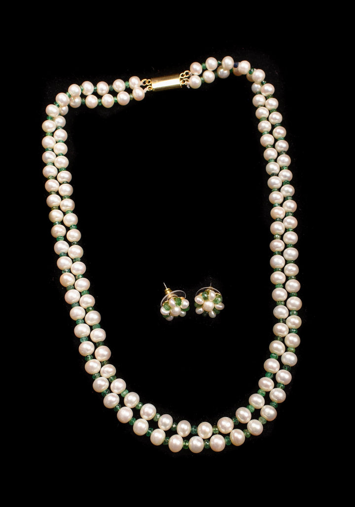 2 Strand Real Pearls And Real Emerald Necklace Set