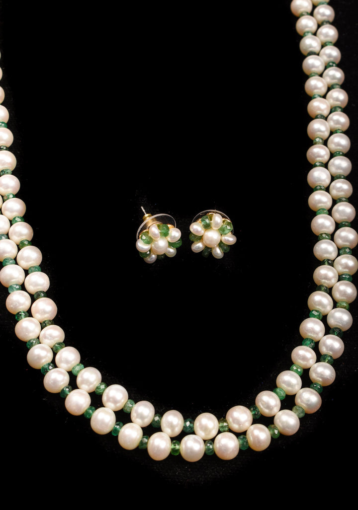2 Strand Real Pearls And Real Emerald Necklace Set