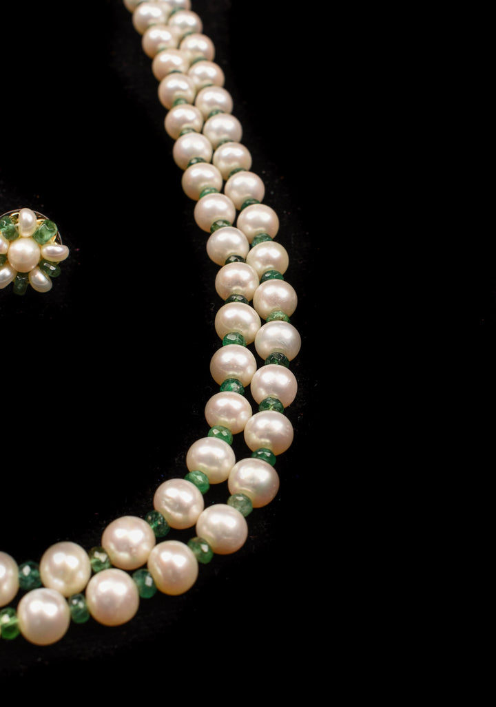 2 Strand Real Pearls And Real Emerald Necklace Set