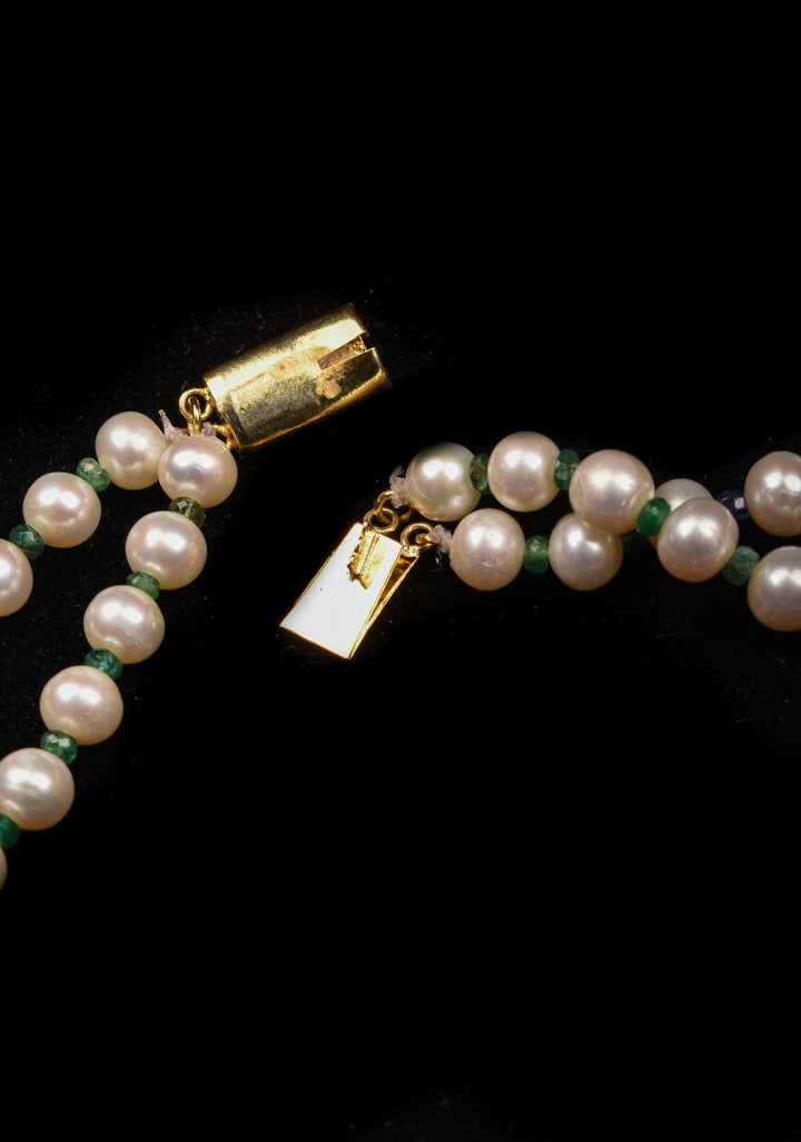 2 Strand Real Pearls And Real Emerald Necklace Set
