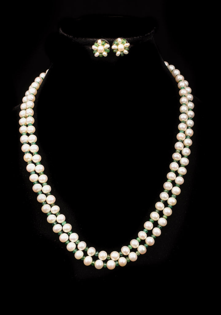 2 Strand Real Pearls And Real Emerald Necklace Set