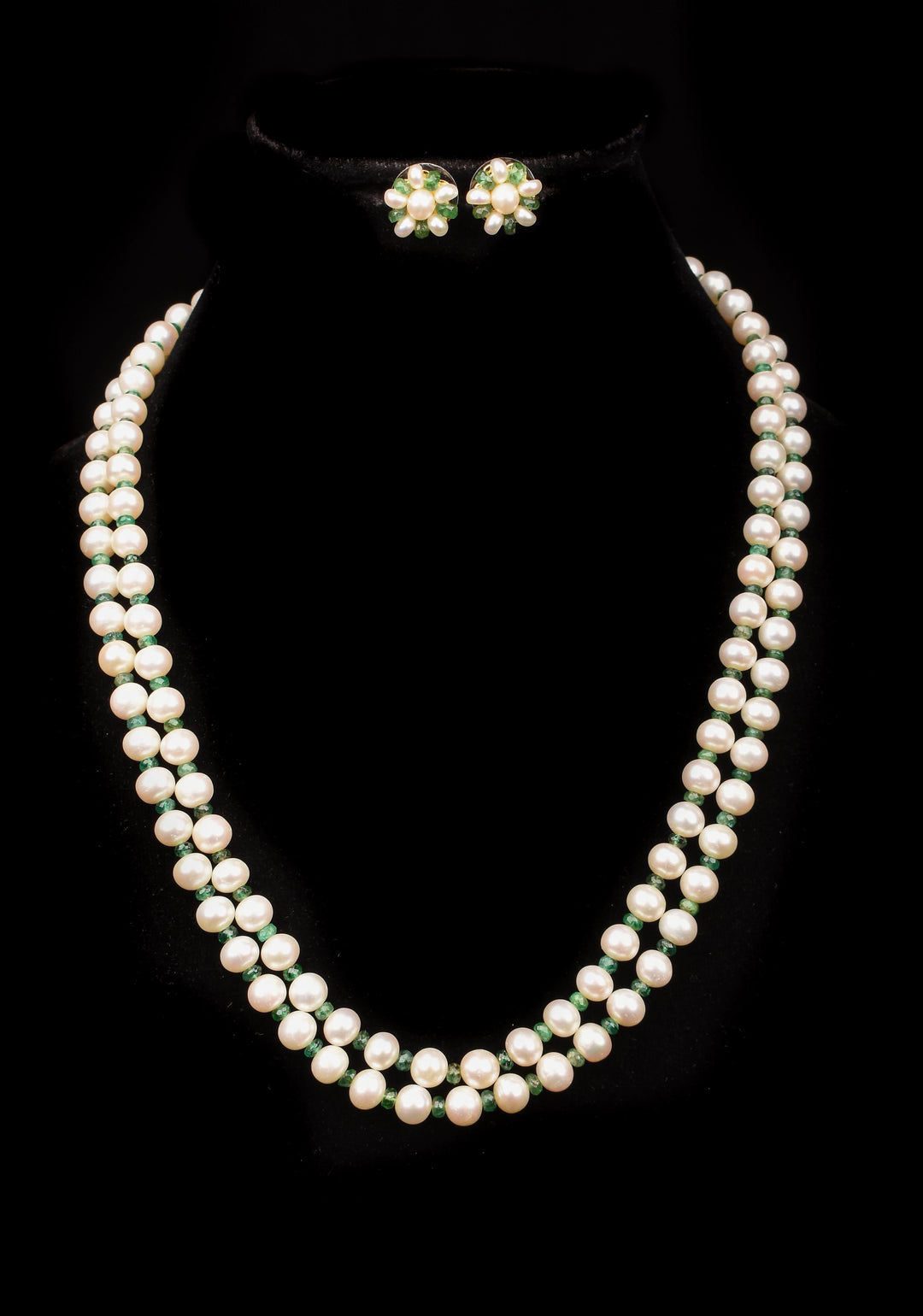 2 Strand Real Pearls And Real Emerald Necklace Set