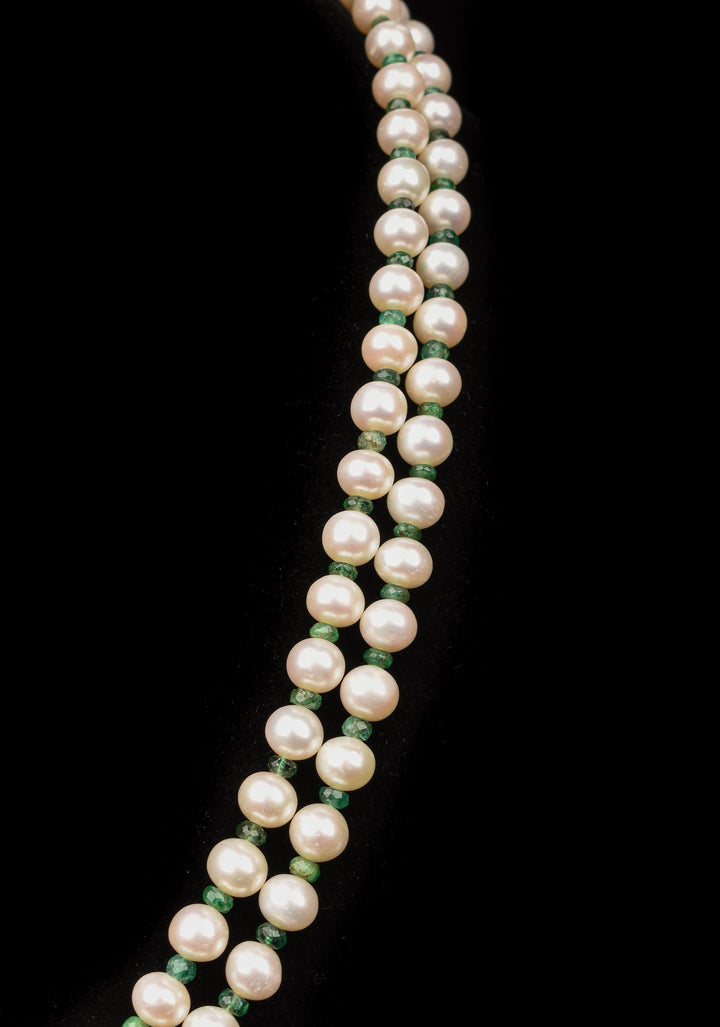 2 Strand Real Pearls And Real Emerald Necklace Set