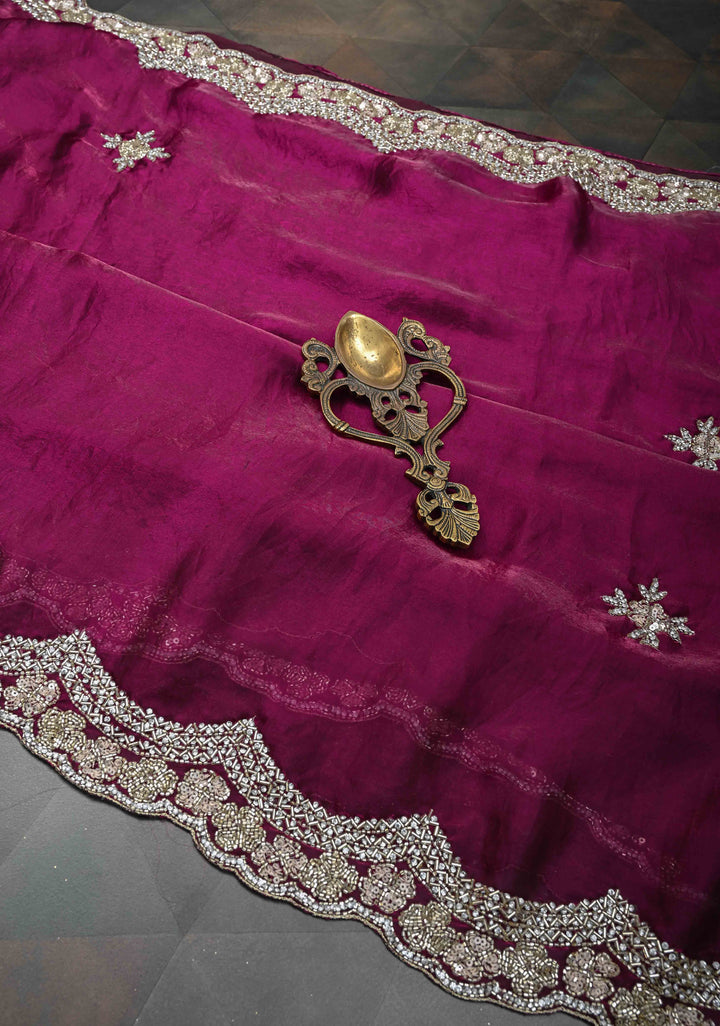 Magenta Shimmer Georgette Saree with Sequins, Cutdana, Stone Work and Scallop Border