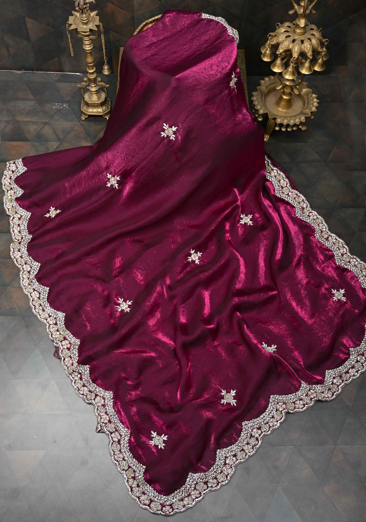 Magenta Shimmer Georgette Saree with Sequins, Cutdana, Stone Work and Scallop Border