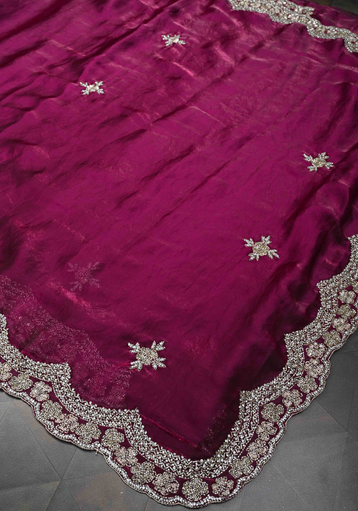 Magenta Shimmer Georgette Saree with Sequins, Cutdana, Stone Work and Scallop Border