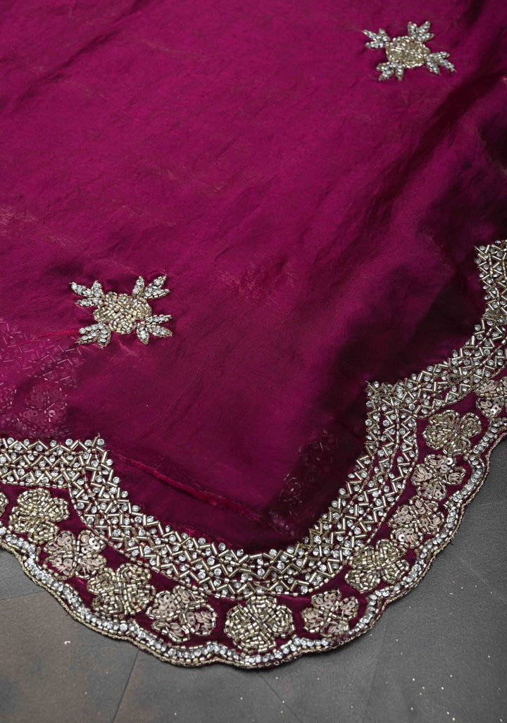 Magenta Shimmer Georgette Saree with Sequins, Cutdana, Stone Work and Scallop Border