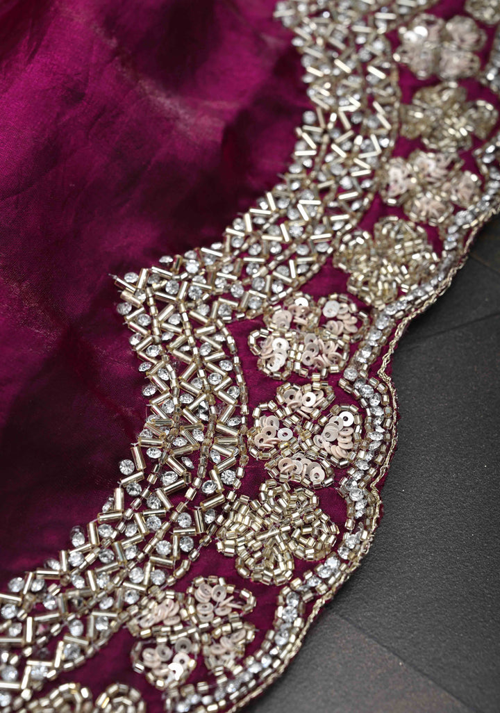 Magenta Shimmer Georgette Saree with Sequins, Cutdana, Stone Work and Scallop Border