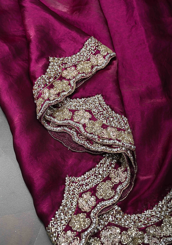 Magenta Shimmer Georgette Saree with Sequins, Cutdana, Stone Work and Scallop Border