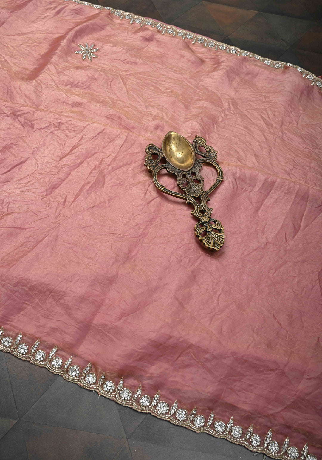 Rose Pink Shimmer Georgette Saree with Cutdana, Stone Work and Scallop Border