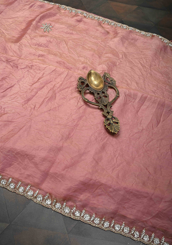 Rose Pink Shimmer Georgette Saree with Cutdana, Stone Work and Scallop Border