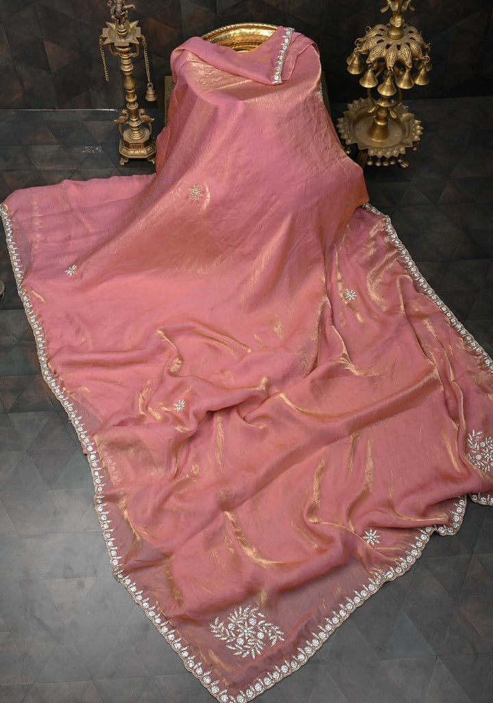 Rose Pink Shimmer Georgette Saree with Cutdana, Stone Work and Scallop Border