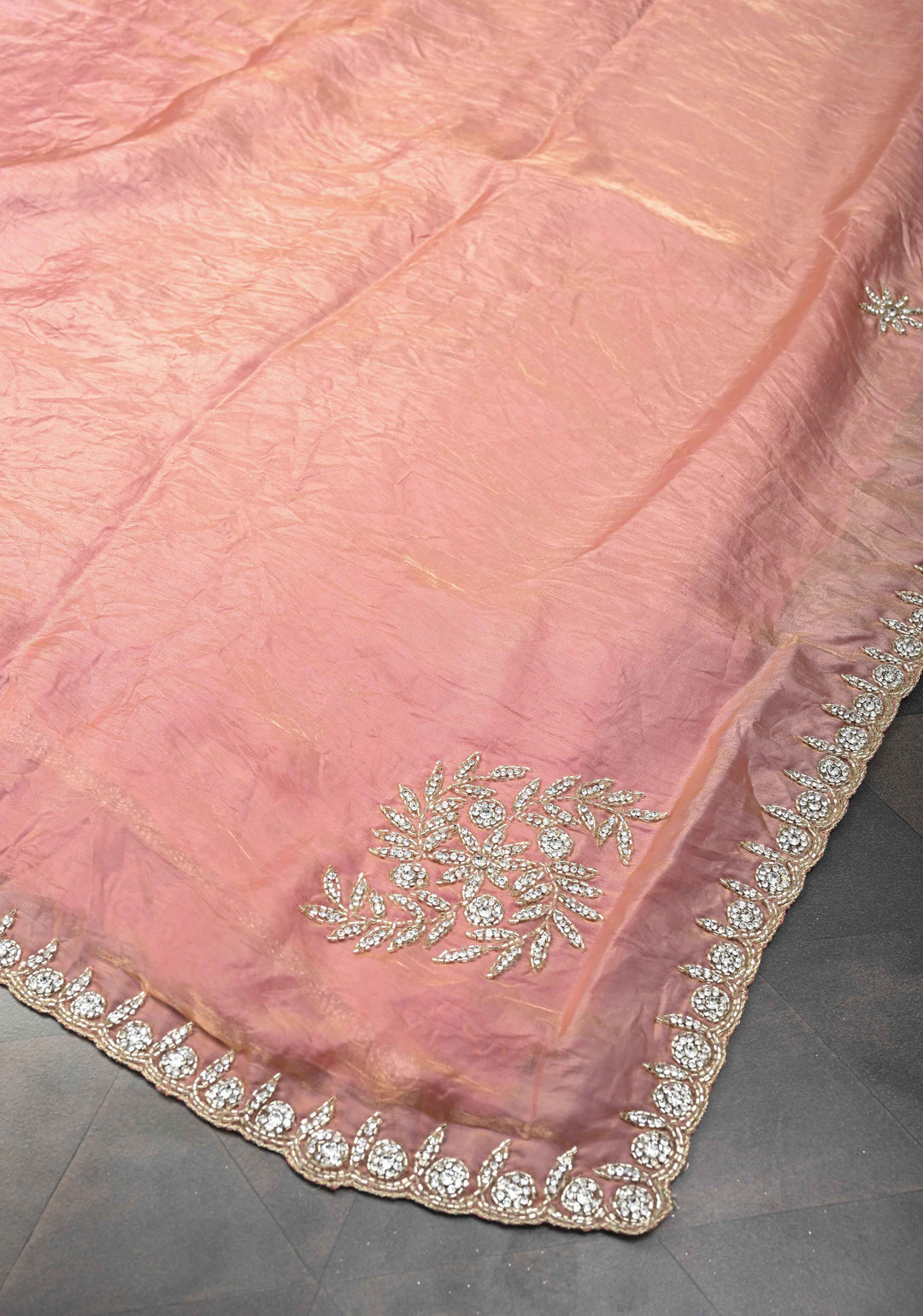 Rose Pink Shimmer Georgette Saree with Cutdana, Stone Work and Scallop Border