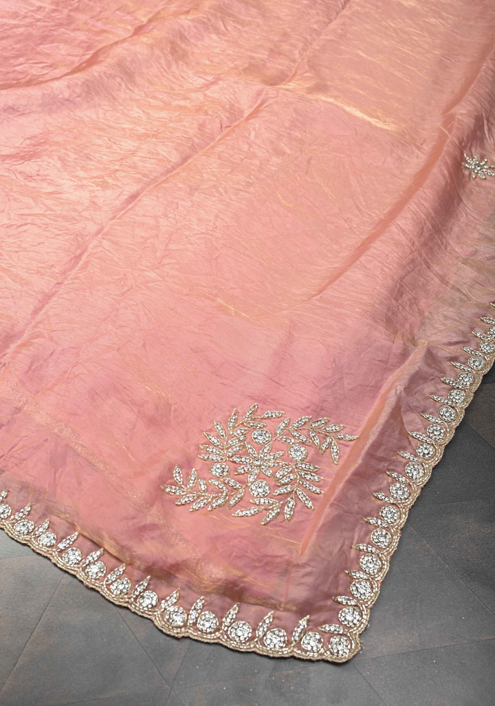 Rose Pink Shimmer Georgette Saree with Cutdana, Stone Work and Scallop Border