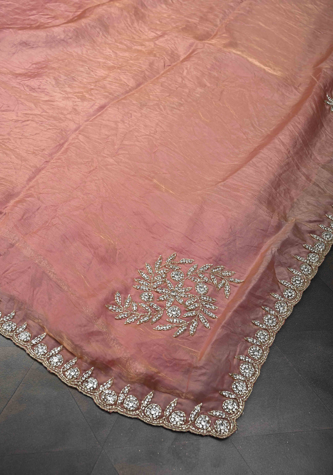 Rose Pink Shimmer Georgette Saree with Cutdana, Stone Work and Scallop Border