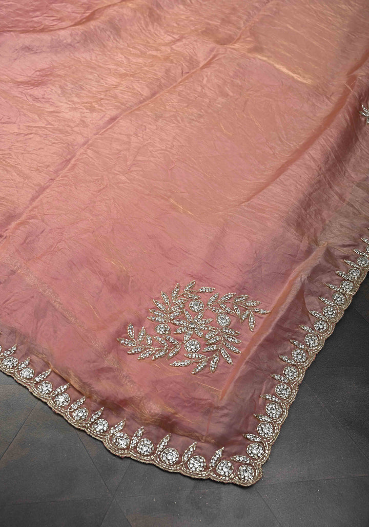 Rose Pink Shimmer Georgette Saree with Cutdana, Stone Work and Scallop Border