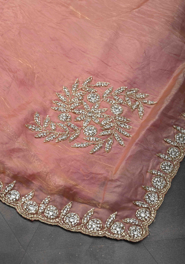 Rose Pink Shimmer Georgette Saree with Cutdana, Stone Work and Scallop Border