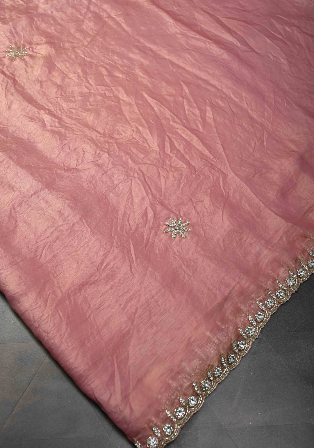 Rose Pink Shimmer Georgette Saree with Cutdana, Stone Work and Scallop Border